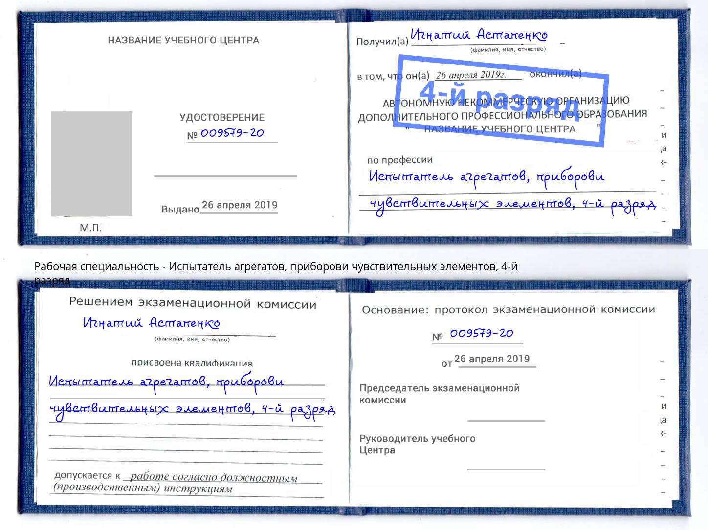 корочка 4-й разряд Испытатель агрегатов, приборови чувствительных элементов Усть-Илимск