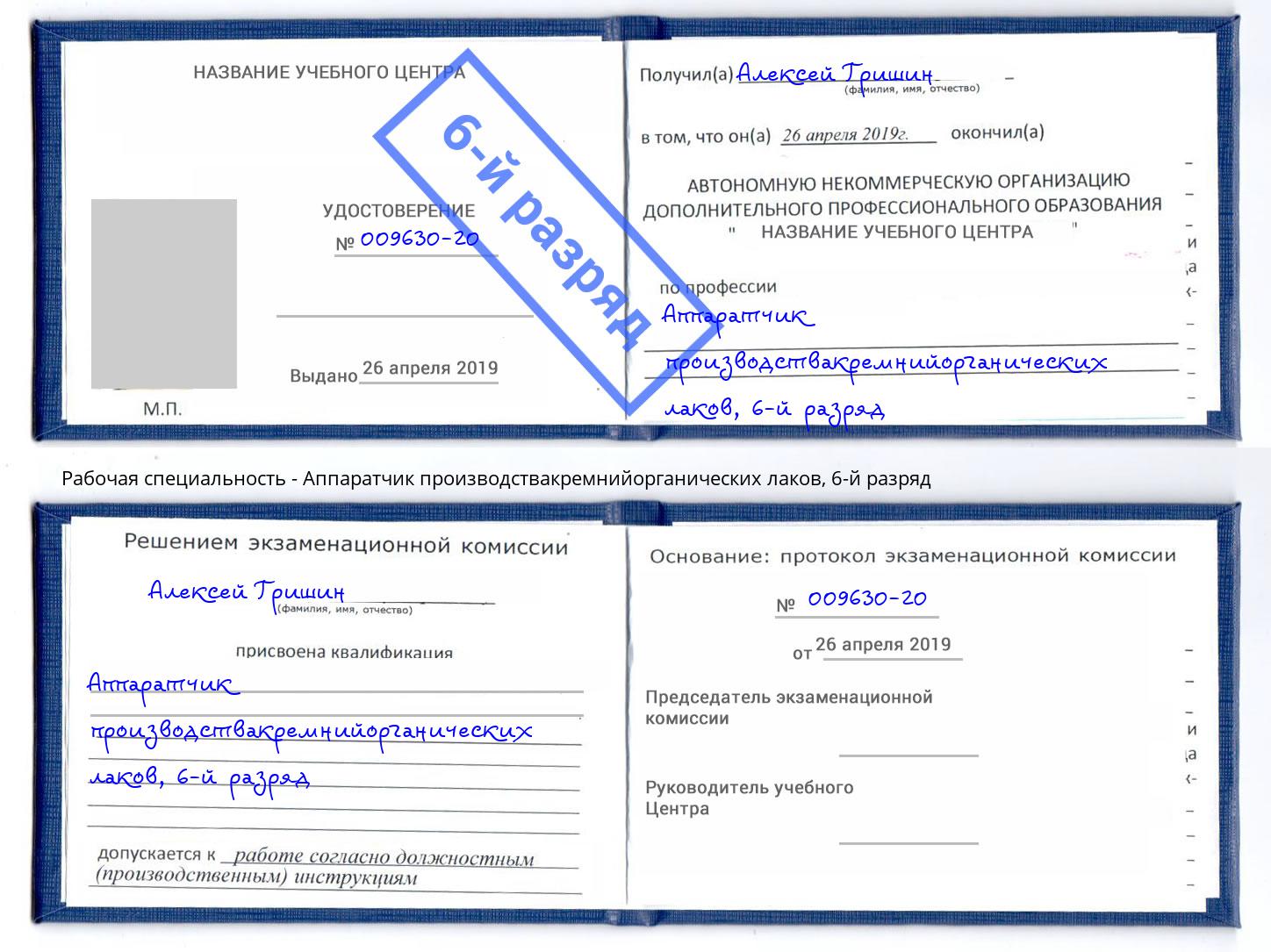 корочка 6-й разряд Аппаратчик производствакремнийорганических лаков Усть-Илимск